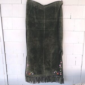 Boho Western Suede Leather Embroidered Fringe Maxi  Skirt Olive Green size M